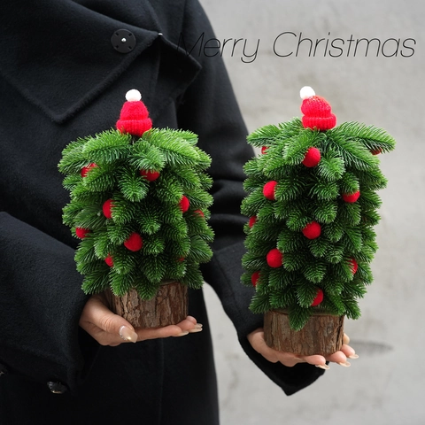 Mini Artificial Christmas Tree Desktop Ornament With Wood Base Red Pom Poms And Hat For Festive Holiday Home Office Decor