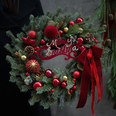 Christmas Wreath Artificial Pine Needle Pine Cones Red Velvet Bow Merry Christmas Sign Reindeer Door Hanging Decor