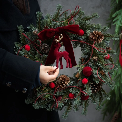 Christmas Wreath Artificial Pine Needle Pine Cones Red Velvet Bow Merry Christmas Sign Reindeer Door Hanging Decor