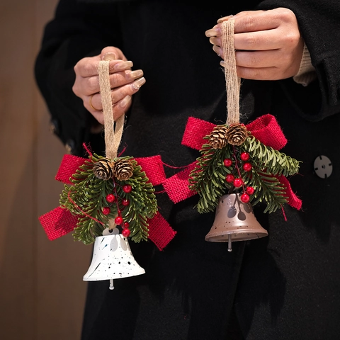 Christmas Bell Ornaments Tree Hanging Decorations With Rustic Linen Bows Natural Pinecones Red Berries For Holiday Home Decor