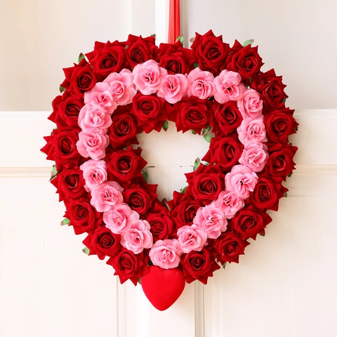 Valentinstag Herzform Rose Kranz Kunststoff Stoff Rot Rosa Blumengirlande Für Hochzeit Zuhause Tür Hängedekoration