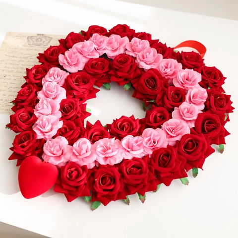 Valentinstag Herzform Rose Kranz Kunststoff Stoff Rot Rosa Blumengirlande Für Hochzeit Zuhause Tür Hängedekoration