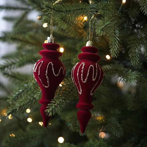 Adornos Colgantes de Árbol de Navidad de Terciopelo Flocado Rojo Con Patrones de Purpurina Dorada Campana Bastón Caramelo Guante Caja Regalo