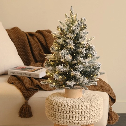 Mini Sapin de Noël de Table Enneigé Arbre de Noël Artificiel Avec Effet de Neige Et Base En Bois Décoration de Noël