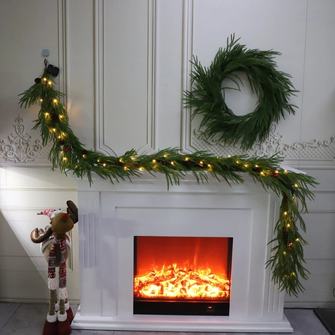 Artificial Christmas Pine Garland Wreath With Warm LED Lights Pinecones Red Berries PE Simulation Green Vine For Home Holiday Decor