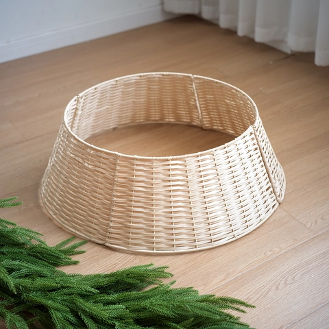 Collier de Sapin de Noël en Rotin PE Tissé Couvercle de Base de Sapin Rétro Nordique pour Décoration de Fête