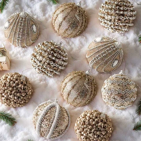 Surtido de Adornos de Bolas de Navidad Oro Champaña Purpurina Perlas Artificiales Decoración Colgante Festiva para Árbol de Navidad Fiesta Hogar