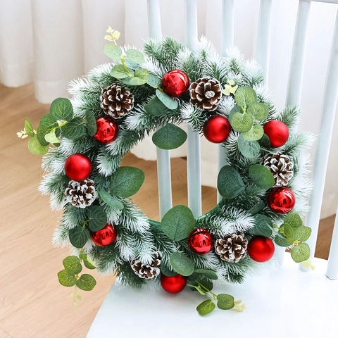 Large Christmas Wreath With Frosted Pine Needles Red Ornaments Pine Cones Eucalyptus Leaves For Front Door Window Holiday Decor