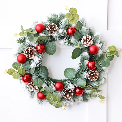 Large Christmas Wreath With Frosted Pine Needles Red Ornaments Pine Cones Eucalyptus Leaves For Front Door Window Holiday Decor