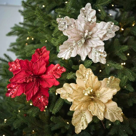 Artificial Christmas Poinsettia Flower With Sequin Glitter For Christmas Tree Hanging Decoration Festive Home Party Ornament
