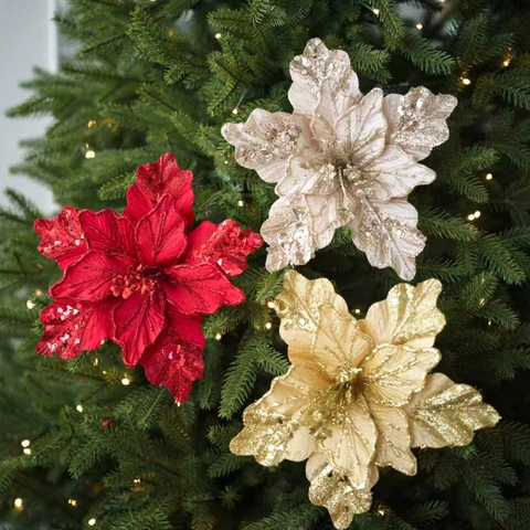 Artificial Christmas Poinsettia Flower With Sequin Glitter For Christmas Tree Hanging Decoration Festive Home Party Ornament
