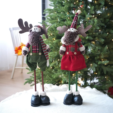 Weihnachten Rentier Plüschpuppe Ornament Langbeiniger Elch Stehende Figur Rot Grün Karierter Strickstoff Deko