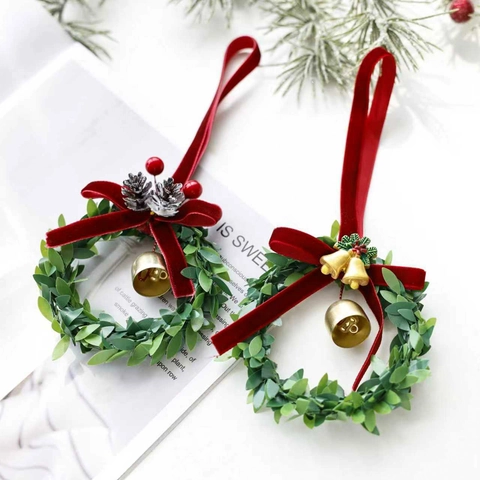 Weihnachten Mini Kranz Hängedekoration Mit Samtschleife Glocke Rot Beeren Kiefernzapfen Festlicher Schmuck Für Haus Baum