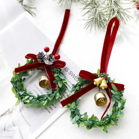 Weihnachten Mini Kranz Hängedekoration Mit Samtschleife Glocke Rot Beeren Kiefernzapfen Festlicher Schmuck Für Haus Baum