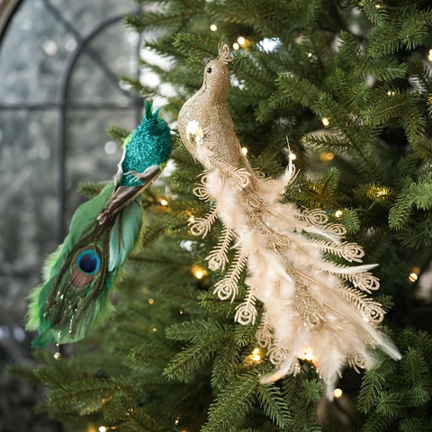 Uccello Artificiale in Piume di Pavone Decorazione per Albero di Natale con Clip Glitter per Decorazione Casa e Feste