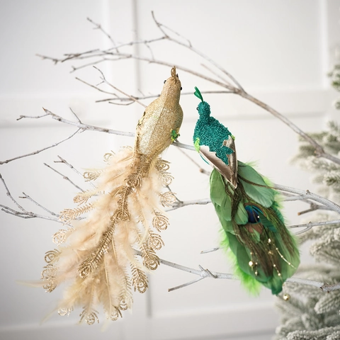 Uccello Artificiale in Piume di Pavone Decorazione per Albero di Natale con Clip Glitter per Decorazione Casa e Feste