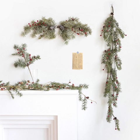 Artificial Christmas Pine Needle Greenery With Red Berries Pine Cones And Snow Frost For Festive Holiday Home Decor