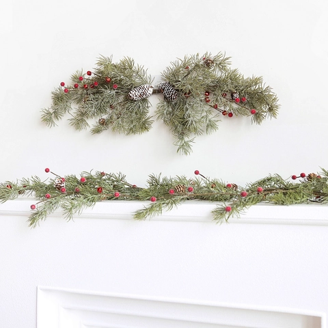 Artificial Christmas Pine Needle Greenery With Red Berries Pine Cones And Snow Frost For Festive Holiday Home Decor