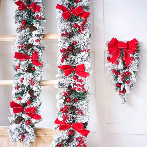 Christmas Flocked Garland Wreath Swag With Red Satin Bows Pine Cones Berries Red Silver Ornaments For Front Door Holiday Decor