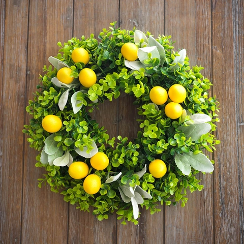 Artificial Lemon Wreath With Greenery Leaves Faux Fruit Garland For Front Door Summer Party Home Wall Farmhouse Decor
