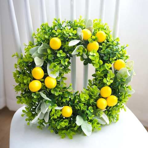 Artificial Lemon Wreath With Greenery Leaves Faux Fruit Garland For Front Door Summer Party Home Wall Farmhouse Decor