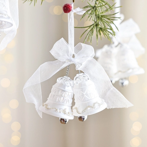 Iridescent Acrylic Christmas Tree Bell Hanging Ornament White Ribbon Bow Snowflake Embossed Pattern Xmas Party Home Decoration
