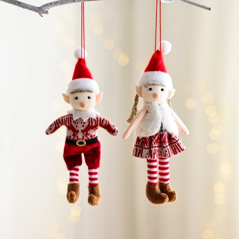 Christmas Elf Plush Doll Ornaments Knitted Fabric Hanging Pendants Red White Holiday Tree Decor Boy Girl Forest Figures