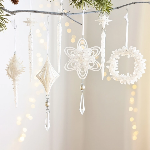 Ornamenti Natalizi Appesi Bianchi Brillantinati Ciondoli a Forma di Fiocco di Neve Stella Conchiglia Ghiacciolo per Decorazione Casa Festa