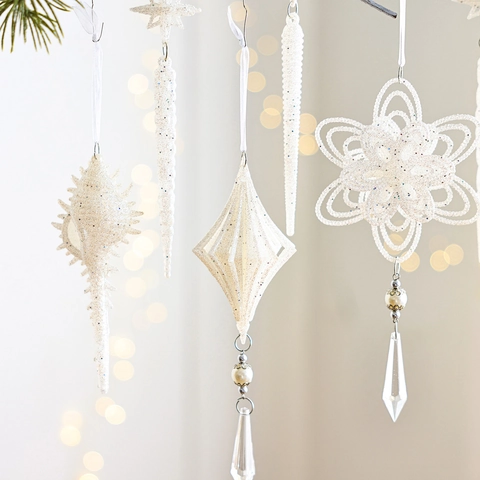 Ornamenti Natalizi Appesi Bianchi Brillantinati Ciondoli a Forma di Fiocco di Neve Stella Conchiglia Ghiacciolo per Decorazione Casa Festa