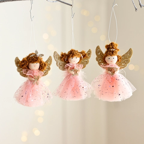 Muñeca de Ángel de Navidad Peluche Malla Niña Adorno Colgante Alas Oro Plata Lentejuelas Tul Hada Figurita Decoración Árbol