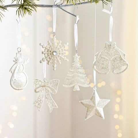 Ornamenti Natalizi Appesi con Brillantini Bianchi Pupazzo di Neve Fiocco di Neve Stella Campana Carrozza Angelo Torre