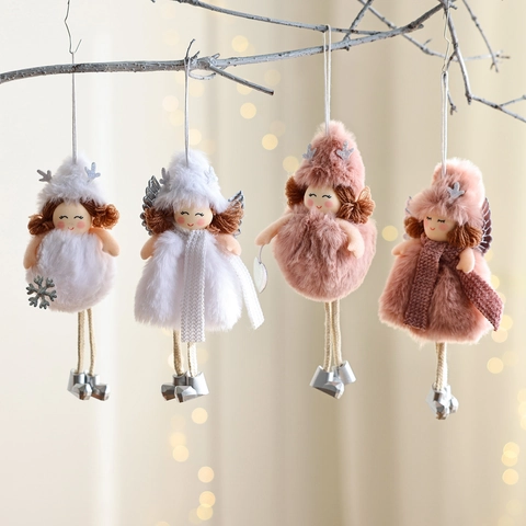Christmas Angel Plush Hanging Decoration Lamb Wool Antler Girl With Silver Wings Faux Fur Xmas Tree Ornament Festive Home Party Decor