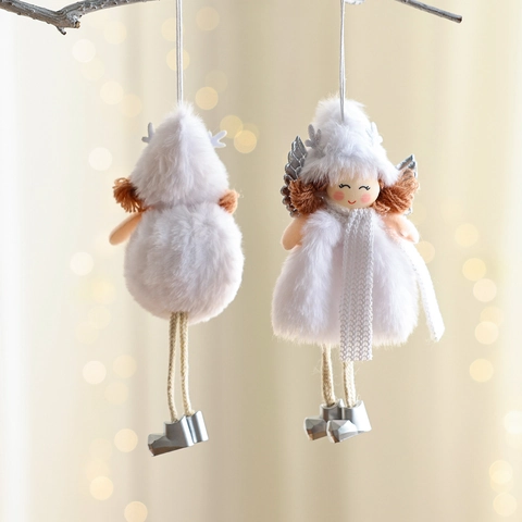 Christmas Angel Plush Hanging Decoration Lamb Wool Antler Girl With Silver Wings Faux Fur Xmas Tree Ornament Festive Home Party Decor