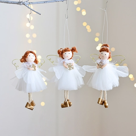 Decorazioni per Albero di Natale Bambola Angelo da Appendere Fata in Rete di Raso Bianca Con Ali d'Oro per Festa Decorazione Casa