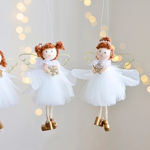 Decorazioni per Albero di Natale Bambola Angelo da Appendere Fata in Rete di Raso Bianca Con Ali d'Oro per Festa Decorazione Casa