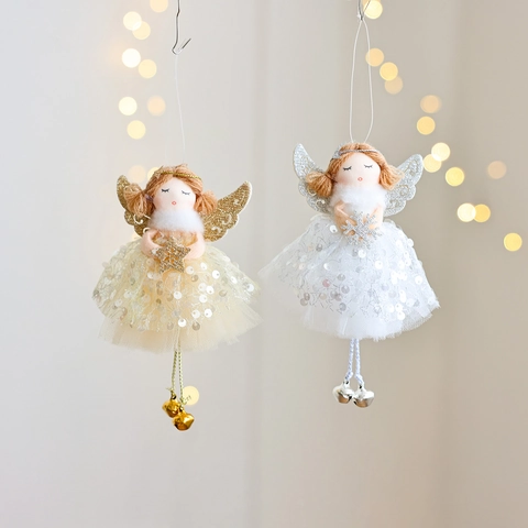 Weihnachtsengel Puppe Baumschmuck Netz Paillettenrock Plüsch Flügel Metallglocken Hängende Dekoration Festlich Süß
