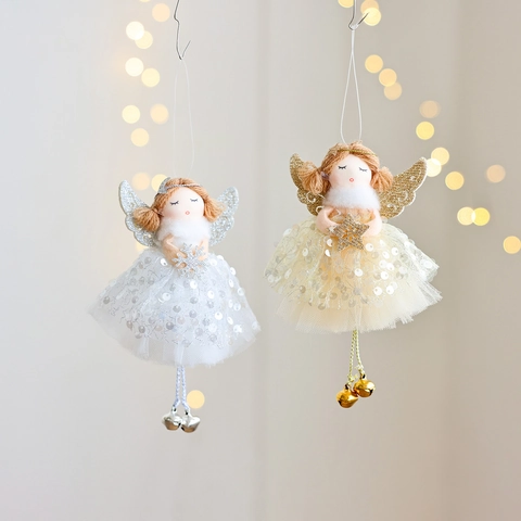 Weihnachtsengel Puppe Baumschmuck Netz Paillettenrock Plüsch Flügel Metallglocken Hängende Dekoration Festlich Süß