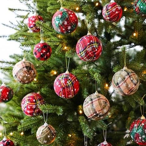 Addobbi Sferici Natalizi in Tessuto Scozzese Con Stampe di Fiocchi di Neve Per Albero di Natale Palla Decorativa Vintage