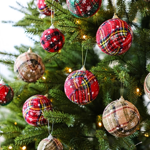 Addobbi Sferici Natalizi in Tessuto Scozzese Con Stampe di Fiocchi di Neve Per Albero di Natale Palla Decorativa Vintage