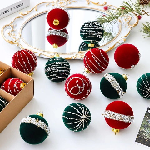 Luxury Flocking Velvet Christmas Balls Ornaments Painted Glitter Beads Tree Decoration For Holiday Party Red Green White