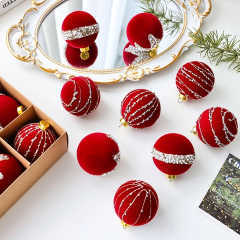 Luxury Flocking Velvet Christmas Balls Ornaments Painted Glitter Beads Tree Decoration For Holiday Party Red Green White