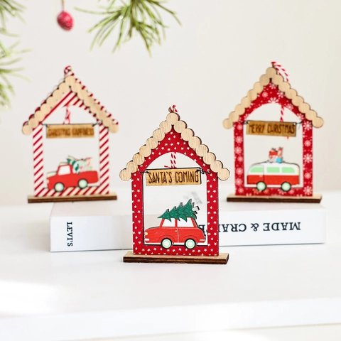 Adornos Colgantes para Árbol de Navidad de Madera 3D Corte Láser Papá Noel Muñeco de Nieve Reno Casa Estrella Campana Navidad