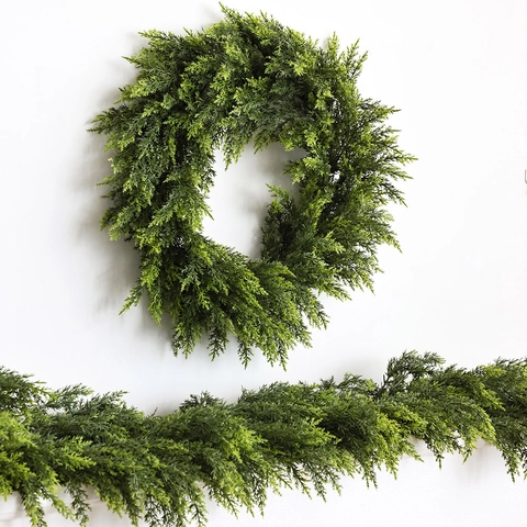 Künstliche Weihnachts Zeder Girlande Kranz PE Realistisches Grün Für Kamin Haustür Haus Wand Feiertagsdekoration
