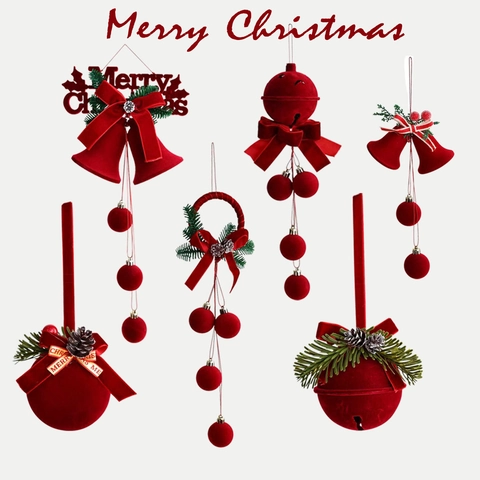 Adornos Colgantes de Campana de Navidad Flocados Rojos Con Lazo de Terciopelo Reno Copo de Nieve Para Decoración de Árbol de Navidad Fiesta en el Hogar