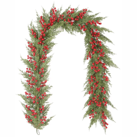 Künstliche Weihnachtsgirlande Mit Roten Beeren Und Grünen Tannennadeln Simulation PE PVC Pflanze Für Kamin Treppengeländer Dekor