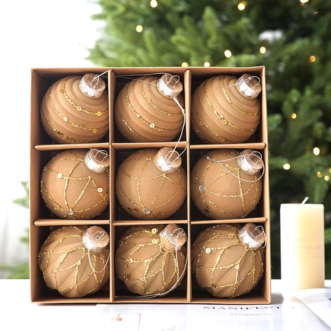 Flocked Champagne Gold Christmas Ornament Balls Hand Painted Sequin Glitter Geometric Pattern Hanging Decorations For Tree