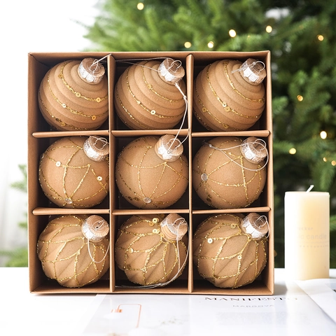 Flocked Champagne Gold Christmas Ornament Balls Hand Painted Sequin Glitter Geometric Pattern Hanging Decorations For Tree