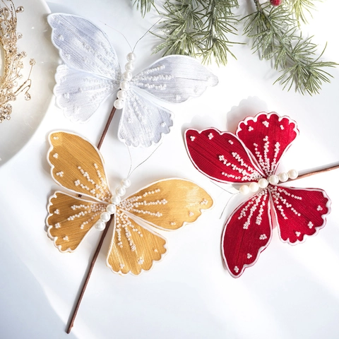 Farfalla in Tessuto Glitterato Decorazione per Albero di Natale Con Künstliche Perle Sintetiche Ricamo Farfalla Ornamento per Casa Festa
