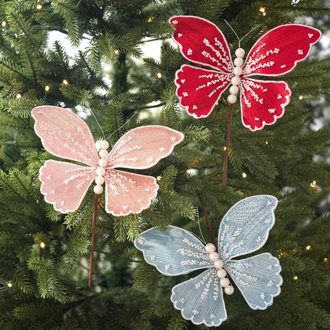Farfalla in Tessuto Glitterato Decorazione per Albero di Natale Con Künstliche Perle Sintetiche Ricamo Farfalla Ornamento per Casa Festa