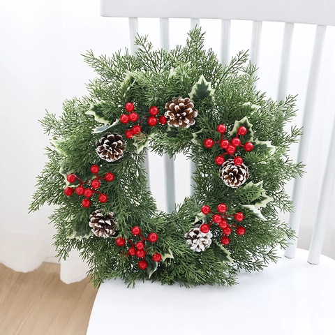 Christmas Wreath Artificial Pine Needles Red Berries Natural Pine Cones Winter Holly Leaves Front Door Wall Decoration